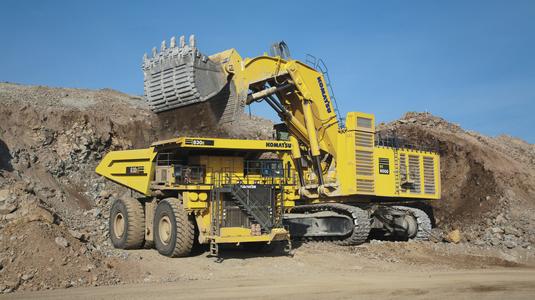Komatsu 830E mining truck working with PC8000 mining excavator