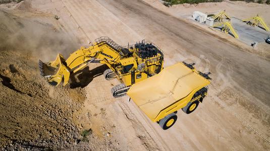 Overhead image of Komatsu PC7000 excavator and mine truck