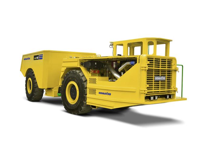 Komatsu HX16 underground mining trucks in white background