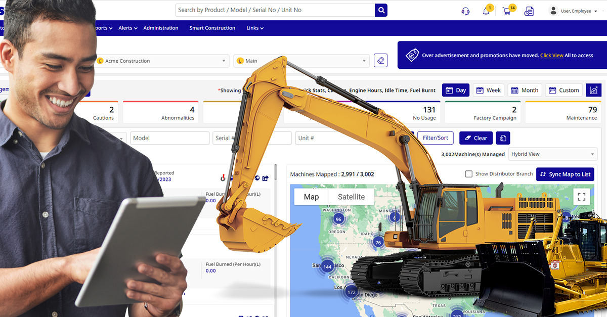Man using a laptop to the left of a Komatsu excavator and bulldozer overlaid on MyKomatsu interface