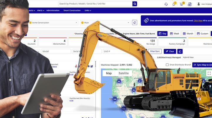 Man using a tablet to the left of a Komatsu excavator and bulldozer overlaid on MyKomatsu interface